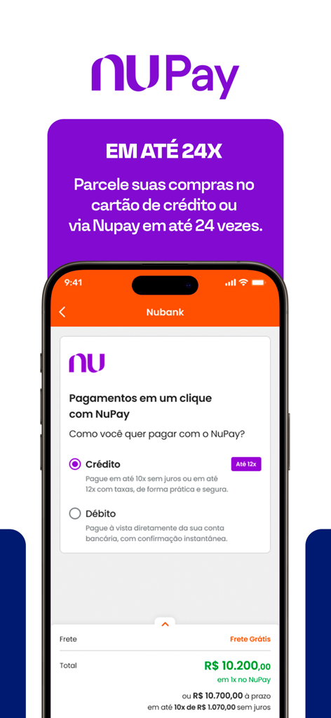 Pantalla de pago de la app Loja do Mecânico mostrando opciones de pago NuPay con planes de cuotas.