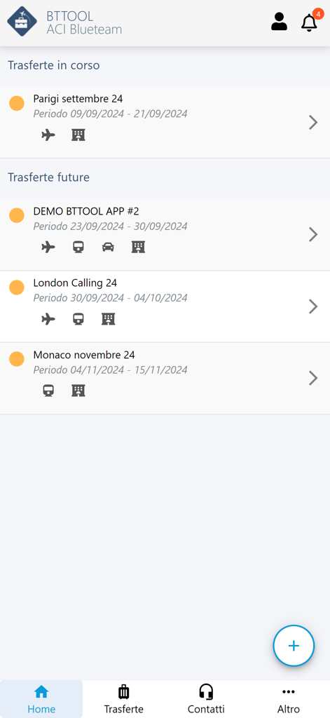 BTTool - Schermata principale dell'app BTTool che mostra gli itinerari di viaggio di lavoro attuali e futuri