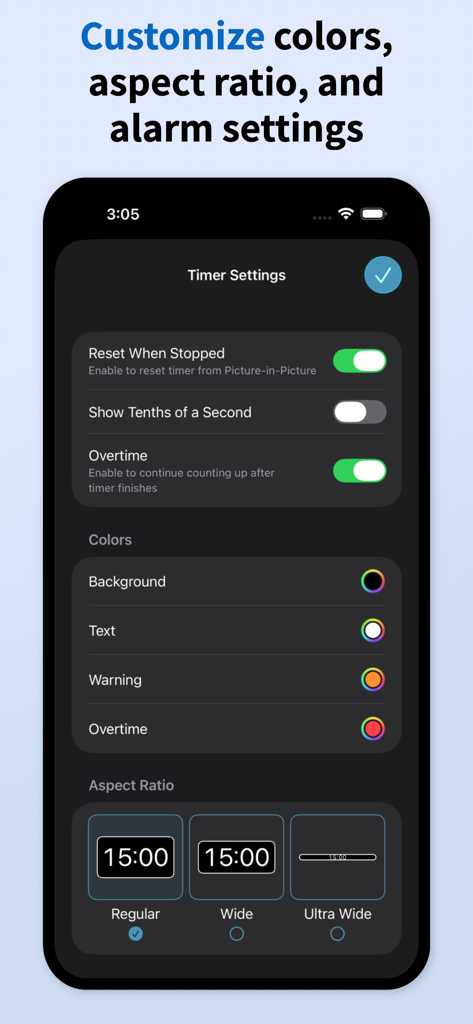 Pop Out Timer app settings for customizing colors and aspect ratio