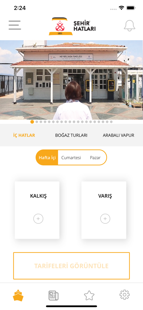 Şehir Hatları - Sehir Hatlari app home screen with Istanbul ferry departure and arrival search options