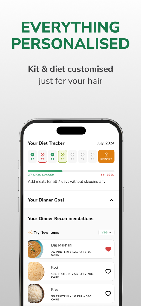 Traya hair loss app screen showing a personalized diet tracker and healthy dinner recommendations