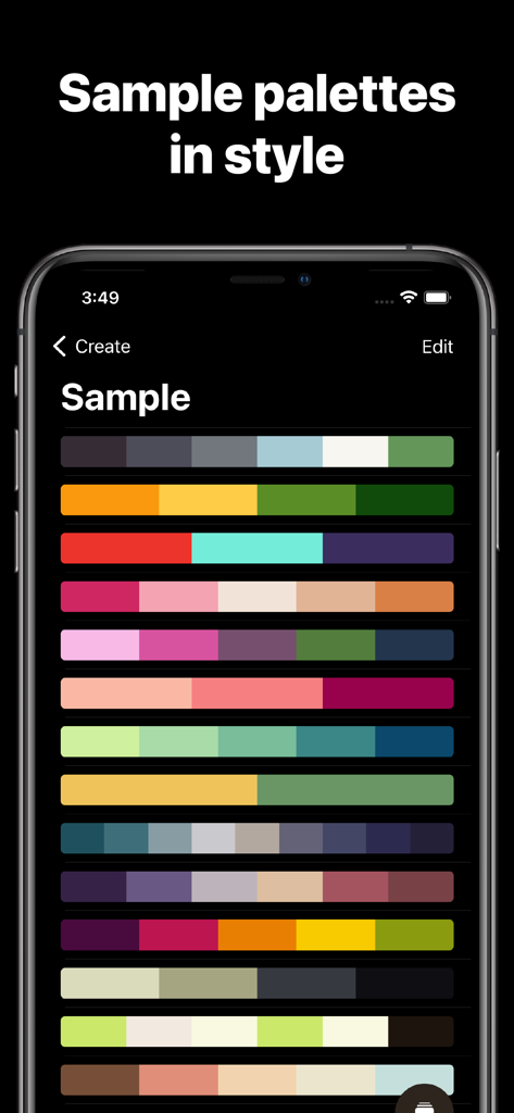 Pocket Palette - A collection of sample color palettes within the Pocket Palette app interface.