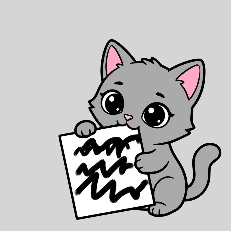 a small cat with a blank sheet of paper in its hand. the cat is sooooooo cute!