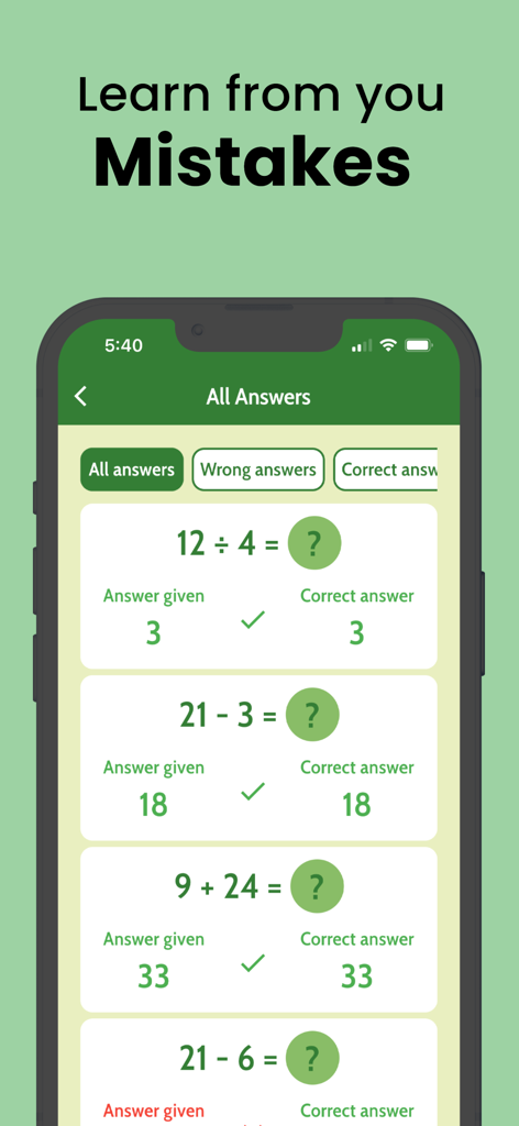 Maths Tables 1 to 100 and Quiz - Results screen showing correct and incorrect answers for math practice problems