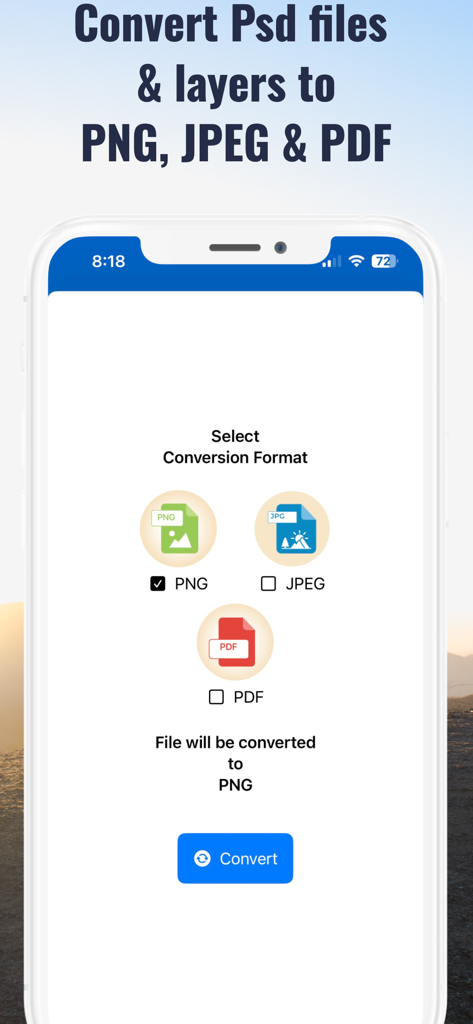 Photoshopファイルを変換するためのPNG、JPEG、またはPDF形式を選択するインターフェース