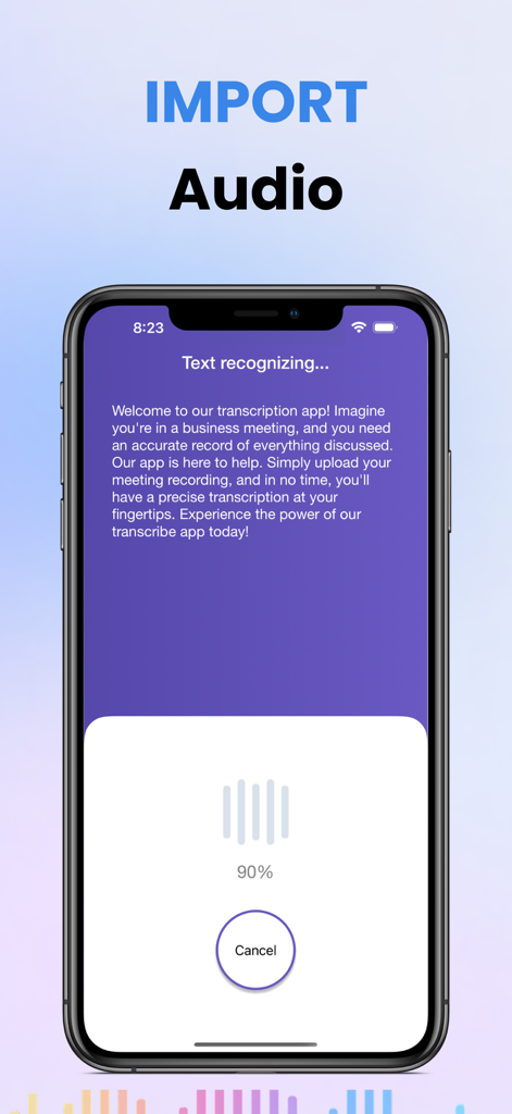 Transcriber • Speech to Text - Interface of the Transcriber app showing text recognition progress from an imported audio file