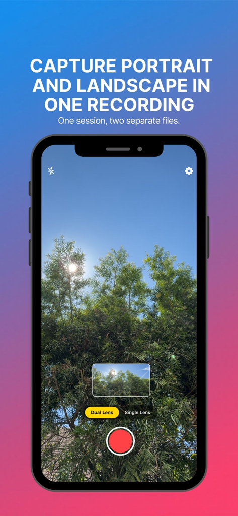 DualShot Recorder app interface showing simultaneous portrait and landscape video recording with dual lens mode active