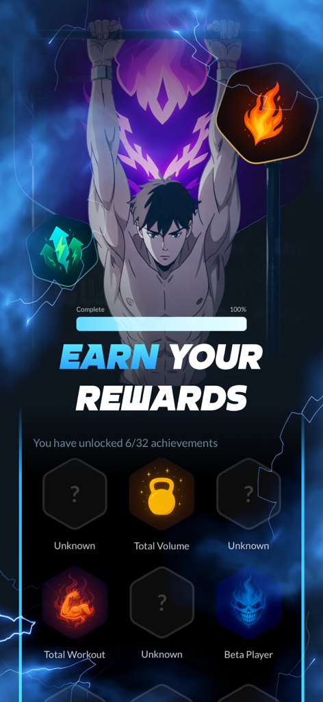 Arise app rewards screen with anime character doing pull-ups and unlocked fitness achievement badges
