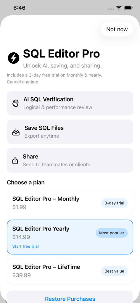 Tela de assinatura do SQL Editor Lite Pro com planos de preços mensal, anual e vitalício
