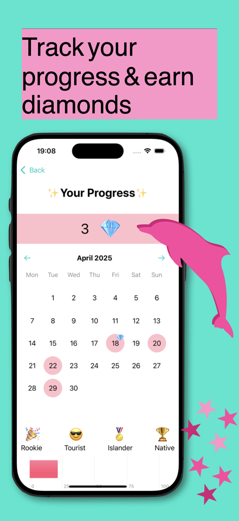 Dhivehi language learning app progress screen featuring a calendar and achievement levels