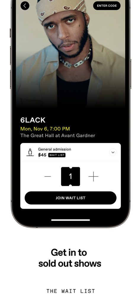 DICE: Live Shows - Interfaccia dell'app DICE che mostra la funzione lista d'attesa per un concerto sold out di 6LACK