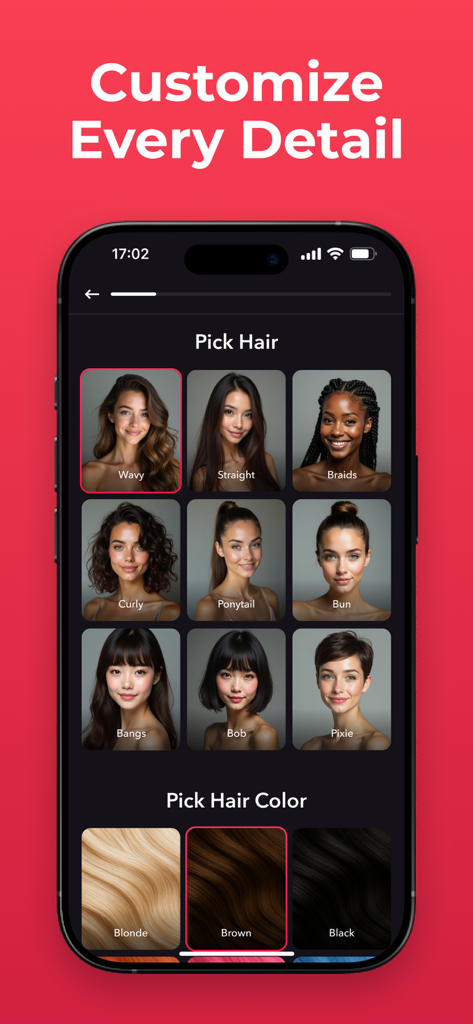 Luvio: Chat with AI Character - Interface for picking hair styles and colors for an AI character