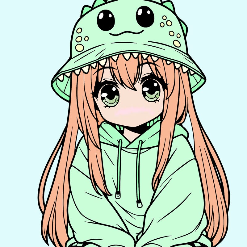 girl with anime shaped eyes with a dinosaur bucket hat oversized sweatshirt long straight hair