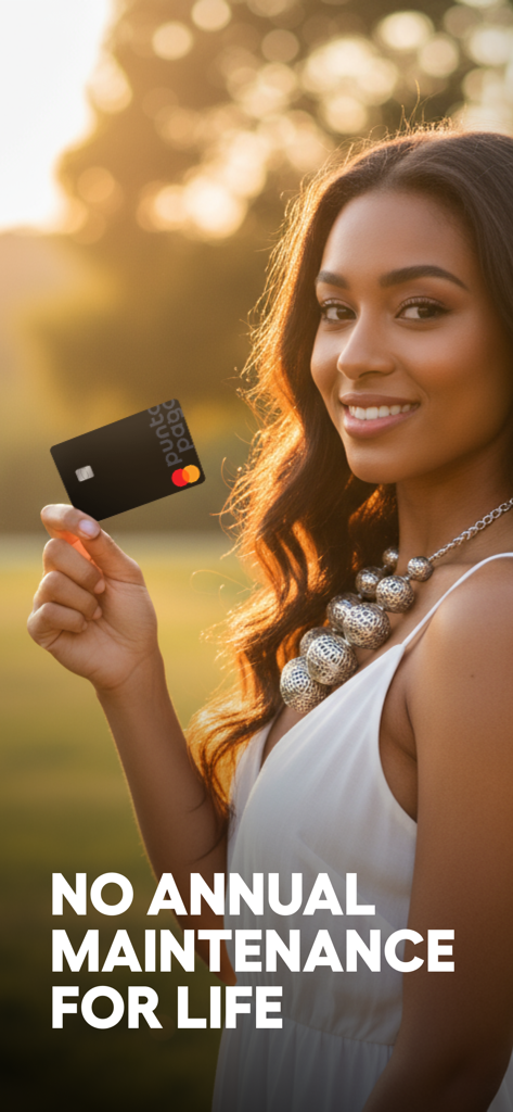 Woman holding a Punto Pago Mastercard with a message stating no annual maintenance for life