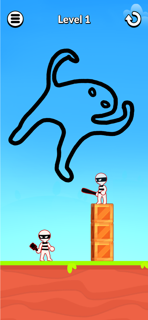 Draw Hero 3D: Fun Puzzle Games - A screenshot of Draw Hero 3D gameplay showing a hand-drawn shape above two stickman bandits on level one.
