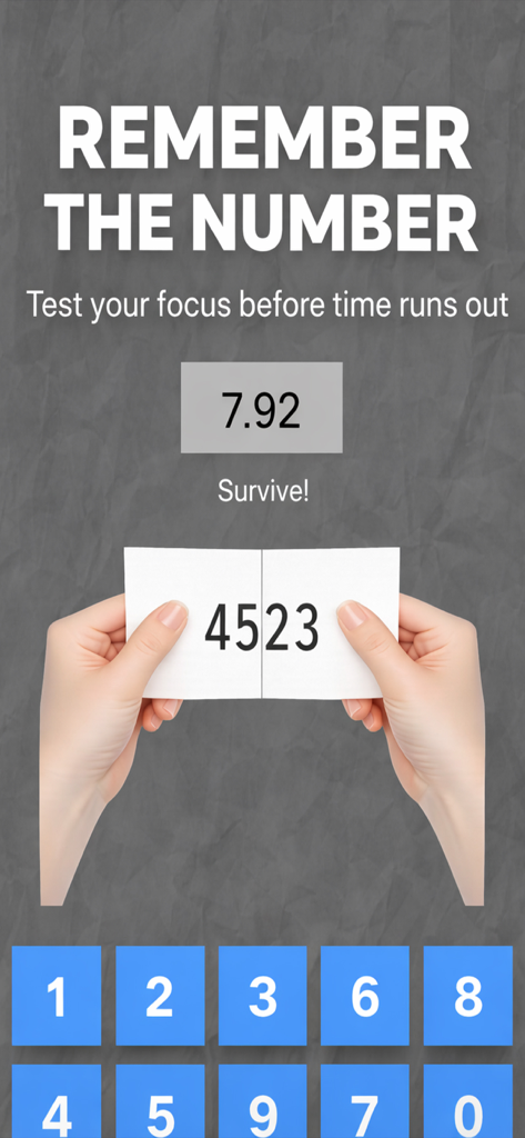 Number Challenge: Brain Game - 네 자리 숫자와 타이머가 있는 기억력 테스트를 보여주는 넘버 챌린지 브레인 게임의 모바일 게임 화면