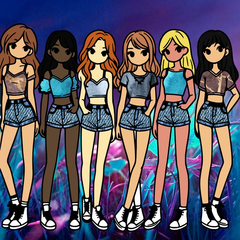 a group of girls wearing crop tops and shorts