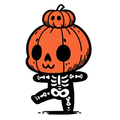 cute skeleton with a pumpkin on its head while dancing