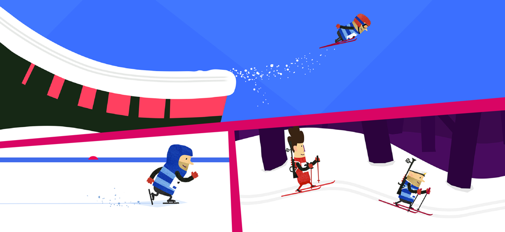 Un collage colorato che mostra personaggi di Fiete Wintersports che partecipano a salto con gli sci, pattinaggio di velocità e sci di fondo.