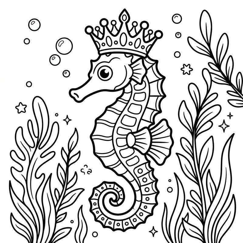 This delightful coloring page features an adorable Crown Seahorse, complete with a majestic crown, swimming gracefully among simple underwater elements. It's perfectly designed for young colorists aged 4-8 to explore their creativity.