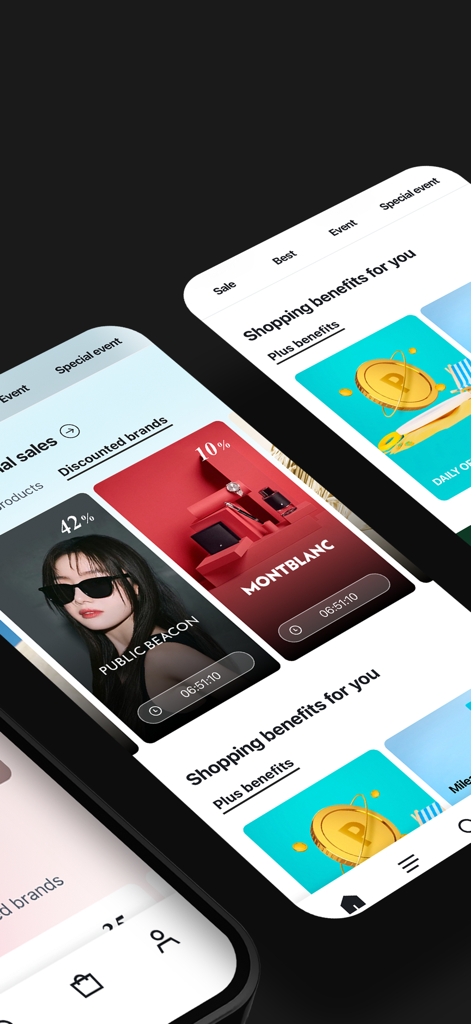 Hyundai Duty Free - Hyundai Duty Free app screen showing discounts on luxury brands like Montblanc