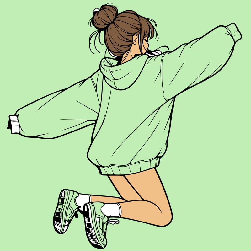 realistic girl jumping with a bun and oversized sweatshirt