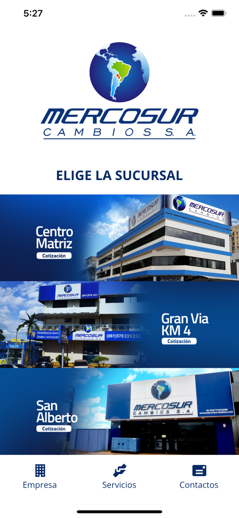 Mercosur Cambios SA - Mercosur Cambios App-Bildschirm zur Auswahl eines Niederlassungsortes
