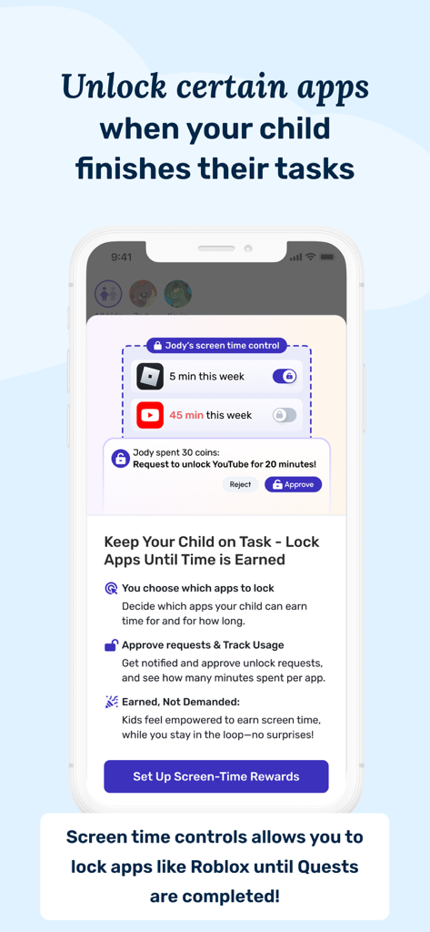 Una pantalla móvil que muestra la función de control de tiempo de pantalla de la aplicación Joon donde los padres pueden aprobar desbloqueos de aplicaciones después de completar las tareas.