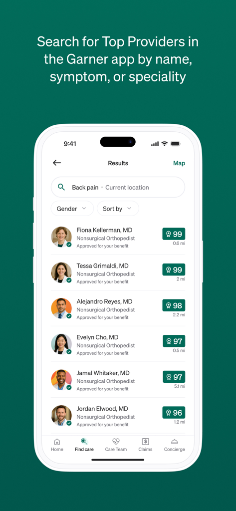 Garner Health - Garner Health mobile app interface displaying a list of top-rated doctors and specialists with quality scores and distance information