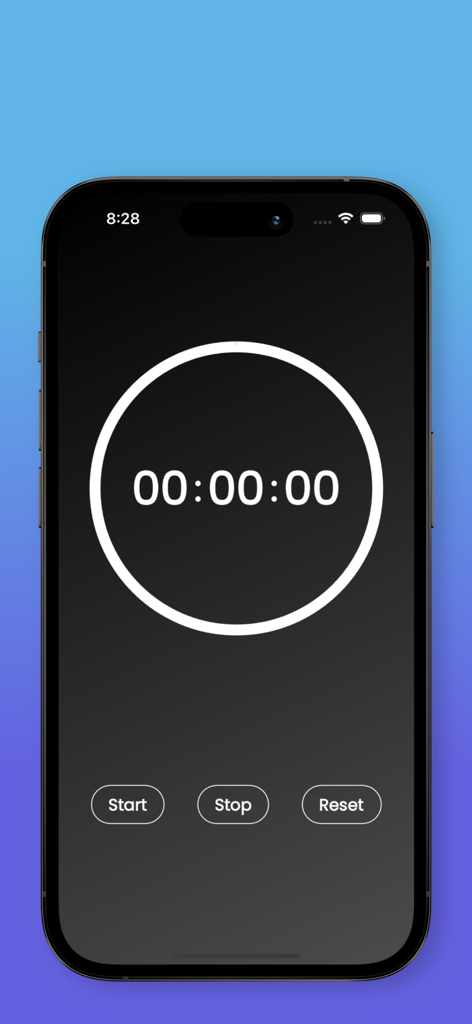 Stop Watch : Timer - Interfaz de aplicación de cronómetro minimalista en un iPhone con temporizador digital y botones de control
