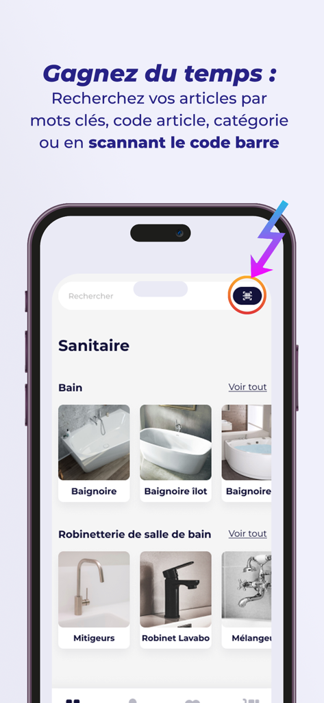 Interface de l'application mobile CEDEO pour la recherche de produits de plomberie avec un scanner de codes-barres