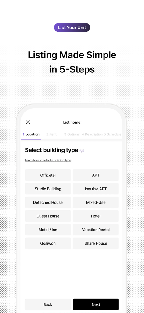 Mobile app screen showing the building type selection step for listing a rental property on 33m2.