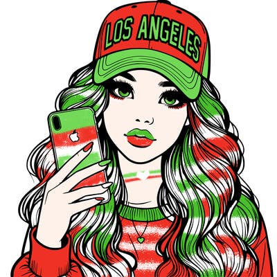 realistic beautiful girl wearing los ángeles cap holding an iphone