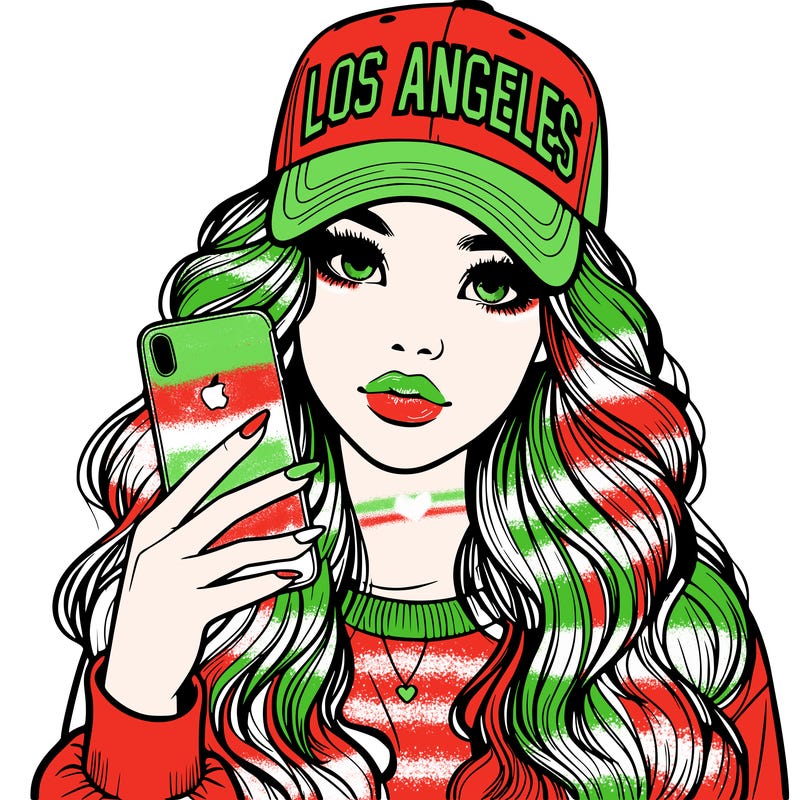 realistic beautiful girl wearing los ángeles cap holding an iphone