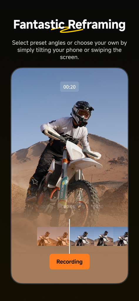 Insta360 app interface showing the video reframing feature with a motorcyclist in the desert