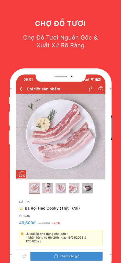 Cooky - Cho Bữa Ăn Tiện Lợi - Cooky app screen displaying fresh pork belly slices on a white plate with price and delivery information