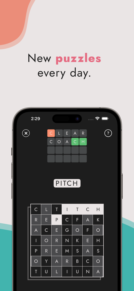 Letterbox - Daily Word Games - Un smartphone que muestra la interfaz de la aplicación Letterbox con puzles de palabras diarios y un diseño minimalista en modo oscuro.