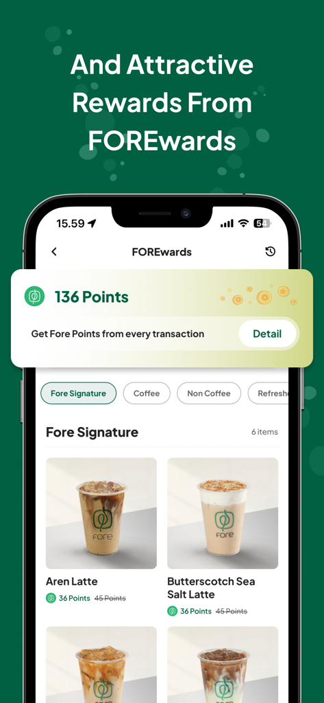 Fore Coffee - Fore Coffeeアプリ画面に、リワードポイントとシグネチャラテのメニューが表示されています