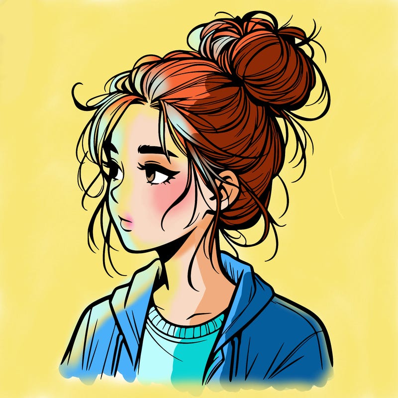 realistic teenage girl with a messy bun
