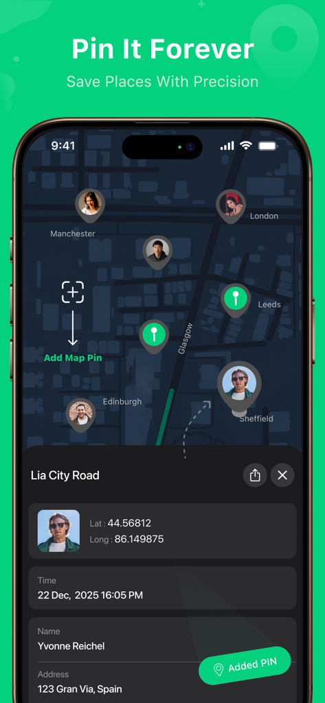 A mobile interface showing a map with multiple user profile pins and detailed location metadata including coordinates and addresses.