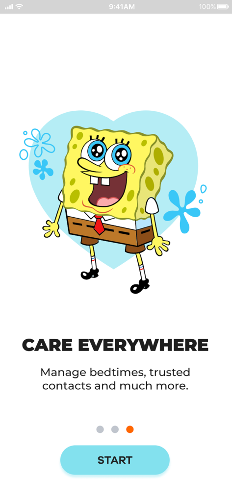 NickWatch: Parent App - Bob Esponja Calça Quadrada na tela de boas-vindas do App dos Pais NickWatch descrevendo recursos de cuidado e gerenciamento.