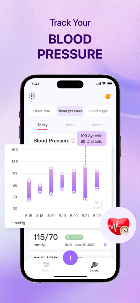 Blood Pressure: Healthy Life - Una interfaz móvil que muestra un gráfico de seguimiento de la presión arterial con puntos de datos sistólicos y diastólicos durante varios días