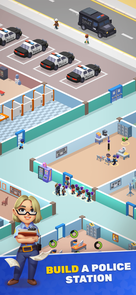 Police Department Tycoon - Isometric view of building and managing a police station with patrol cars and offices