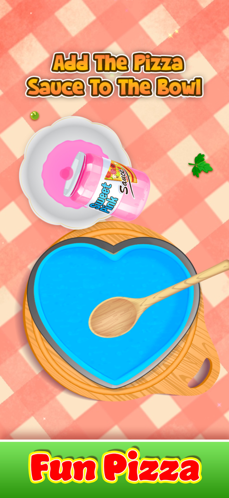 Cooking Games: Pizza Maker - Interactive game screen showing pink sauce being poured into a bowl during the pizza making process.