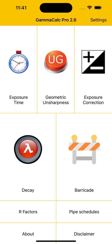 Gamma Calculator Pro app main menu showing industrial radiography tools for exposure time, geometric unsharpness, and decay calculations.