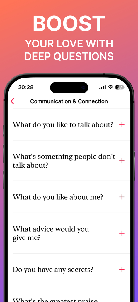 The Heart2Heart app interface displaying deep conversation prompts for couples such as what do you like about me and do you have any secrets.