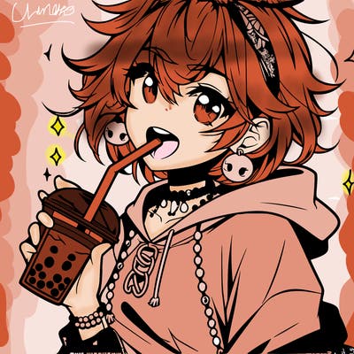 hot baddie anime girl drinking boba and biting the straw