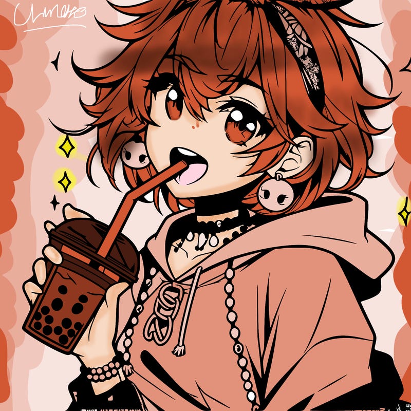 hot baddie anime girl drinking boba and biting the straw