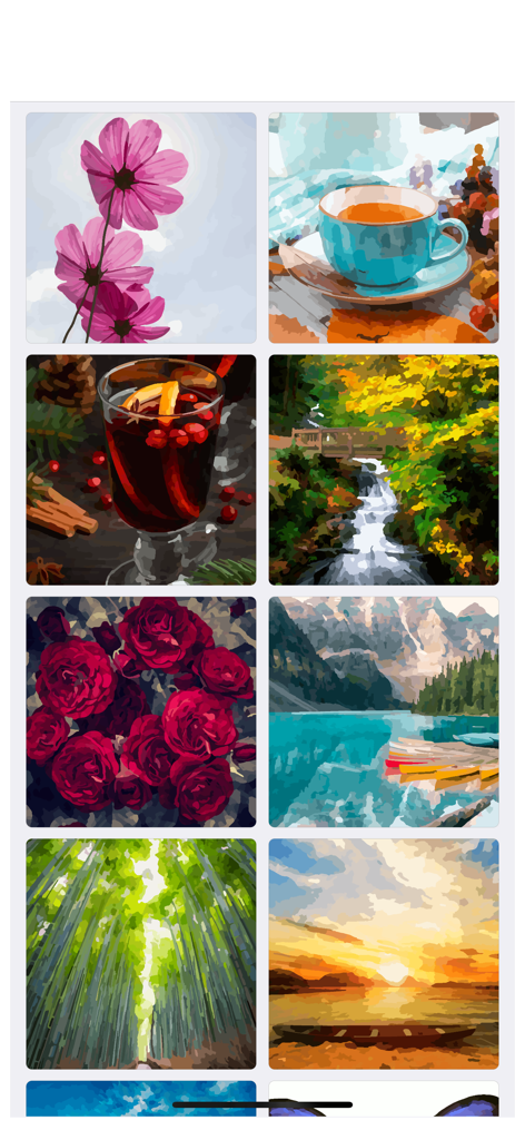 Oil Painting - Color By Number - A grid showing various oil painting designs including flowers landscapes and tea cups to choose for coloring