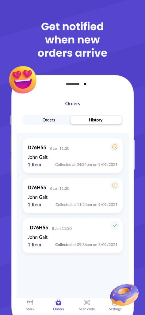 Pantalla móvil de la app Foody Bag para Dueños de Tiendas que muestra una lista de pedidos de clientes y el historial de recogida.